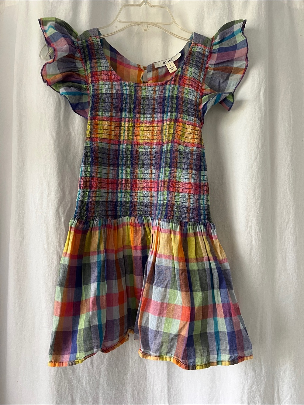 miami Rainbow Plaid Smocked Flutter-Sleeve Dress